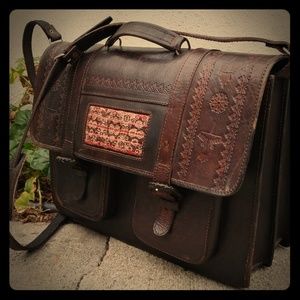Boho Tooled Leather Laptop / Messenger Bag w/ Bird